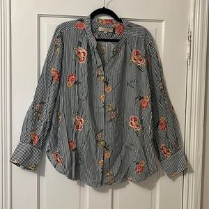 LOFT Blue & White Striped Collarless Button Down with Floral Pattern